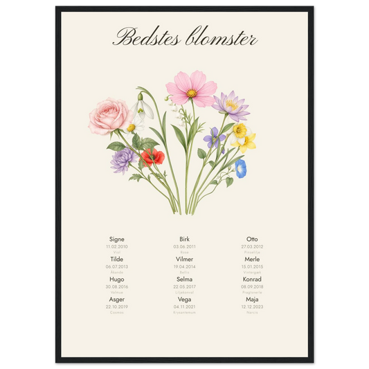 Plakat Bedstes blomster med en blomst og et navn for hvert barnebarn i sort ramme, 50x70 cm