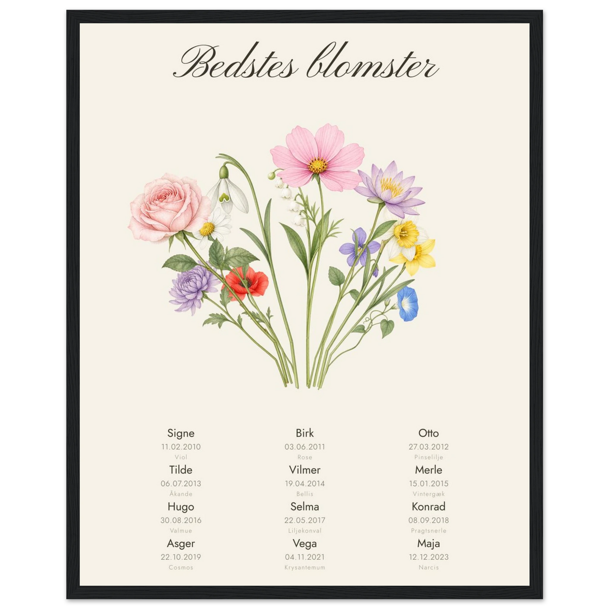 Plakat Bedstes blomster med en blomst og et navn for hvert barnebarn i sort ramme, 40x50 cm