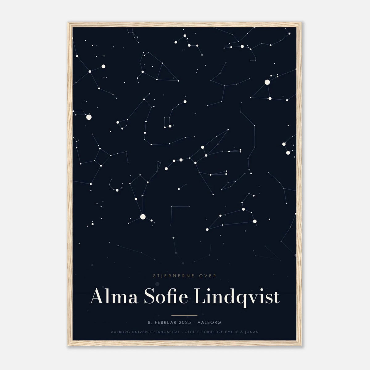 Stjernekort plakat med stjernehimlen over en særlig dato og et navn i træramme, 50x70 cm