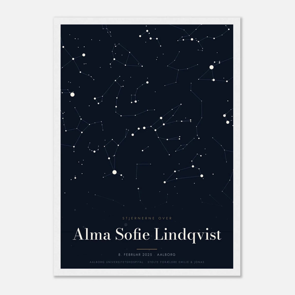 Stjernekort plakat med stjernehimlen over en særlig dato og et navn i hvid ramme, A3