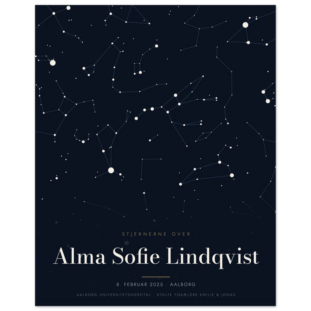 Stjernekort plakat med stjernehimlen over en særlig dato og et navn uden ramme, 40x50 cm