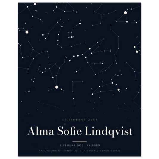 Stjernekort plakat med stjernehimlen over en særlig dato og et navn uden ramme, 40x50 cm