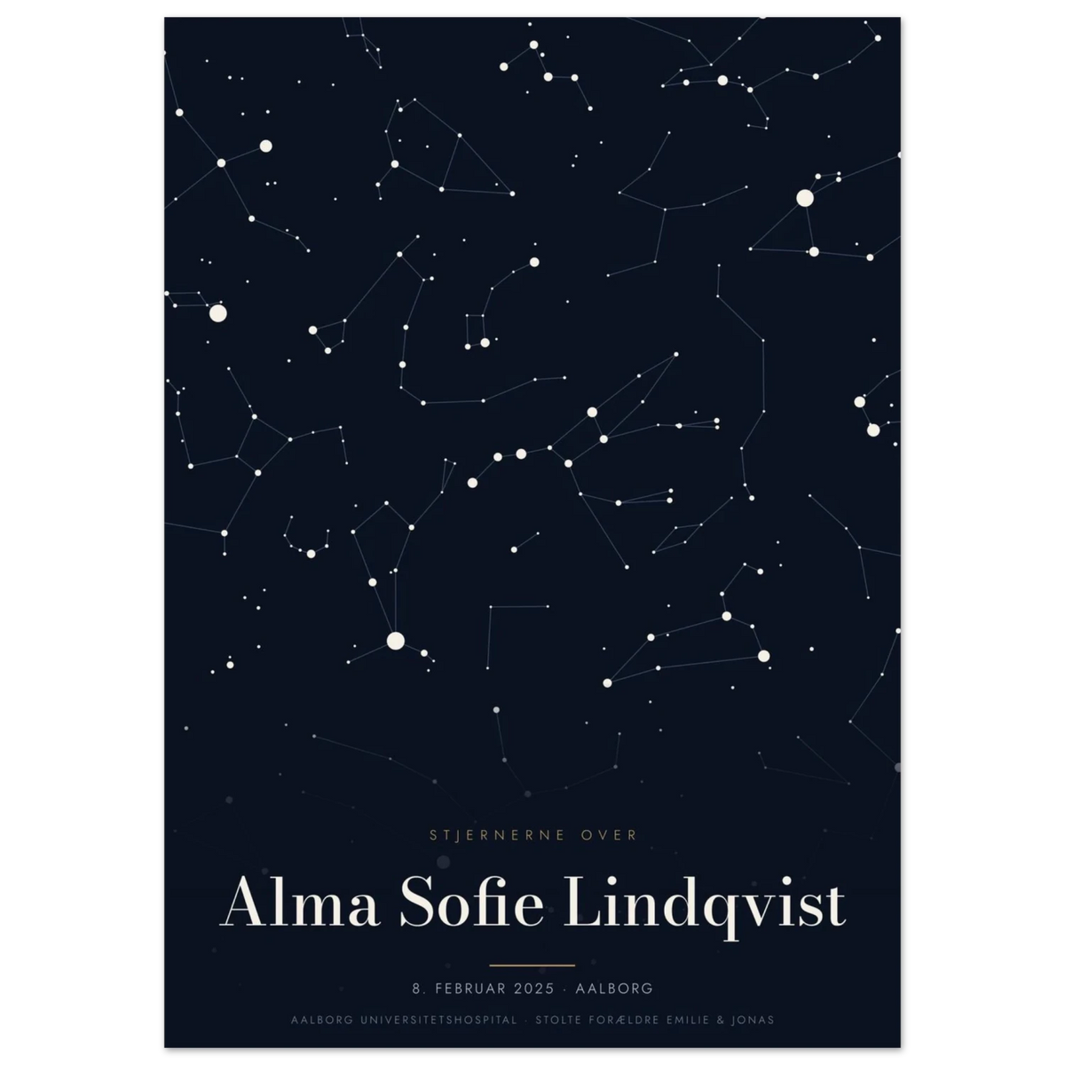 Stjernekort plakat med stjernehimlen over en særlig dato og et navn uden ramme, 50x70 cm