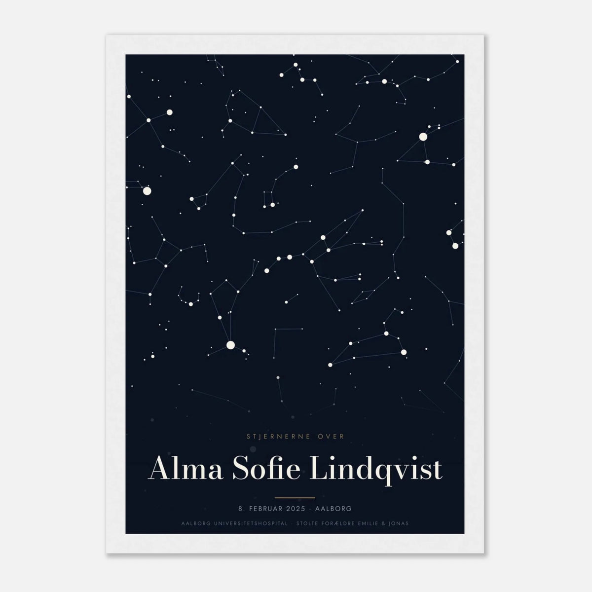 Stjernekort plakat med stjernehimlen over en særlig dato og et navn i hvid ramme, A4