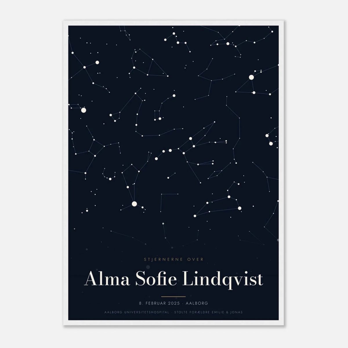Stjernekort plakat med stjernehimlen over en særlig dato og et navn i hvid ramme, 50x70 cm