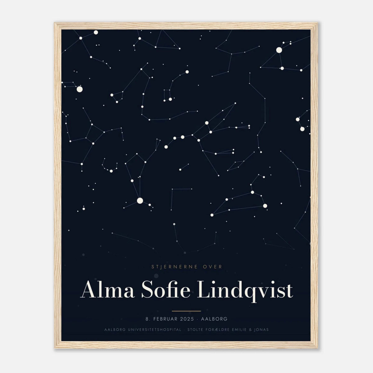 Stjernekort plakat med stjernehimlen over en særlig dato og et navn i træramme, 40x50 cm