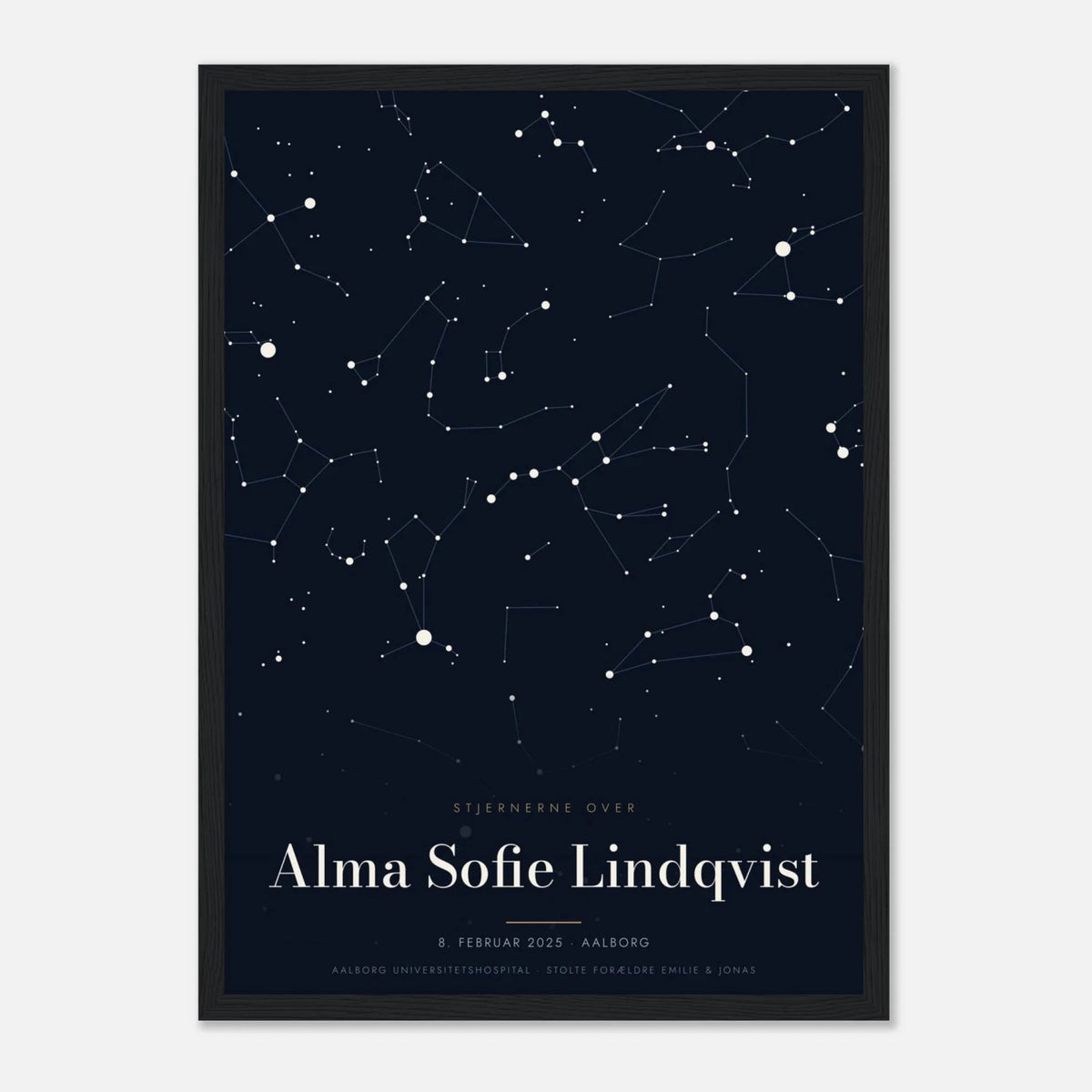 Stjernekort plakat med stjernehimlen over en særlig dato og et navn i sort ramme, A3