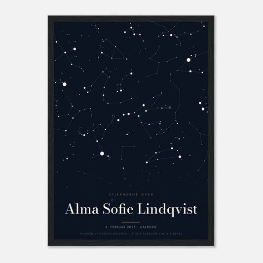 Stjernekort plakat med stjernehimlen over en særlig dato og et navn i sort ramme, A3