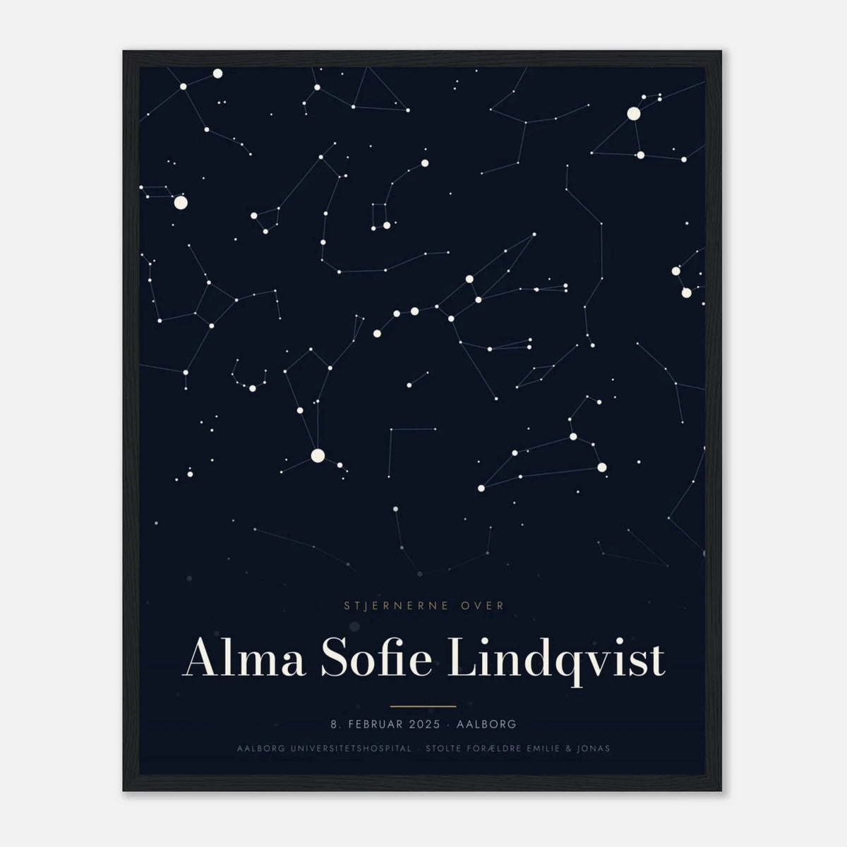 Stjernekort plakat med stjernehimlen over en særlig dato og et navn i sort ramme, 40x50 cm