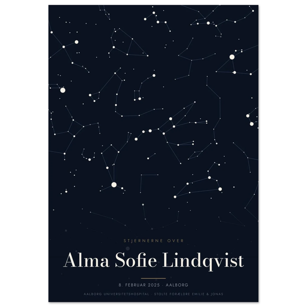 Stjernekort plakat med stjernehimlen over en særlig dato og et navn uden ramme, A3