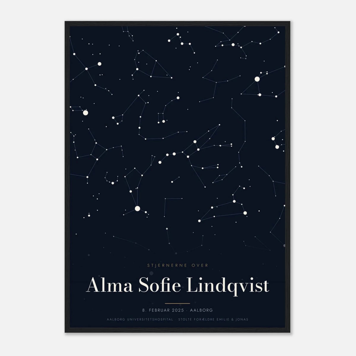 Stjernekort plakat med stjernehimlen over en særlig dato og et navn i sort ramme, 50x70 cm