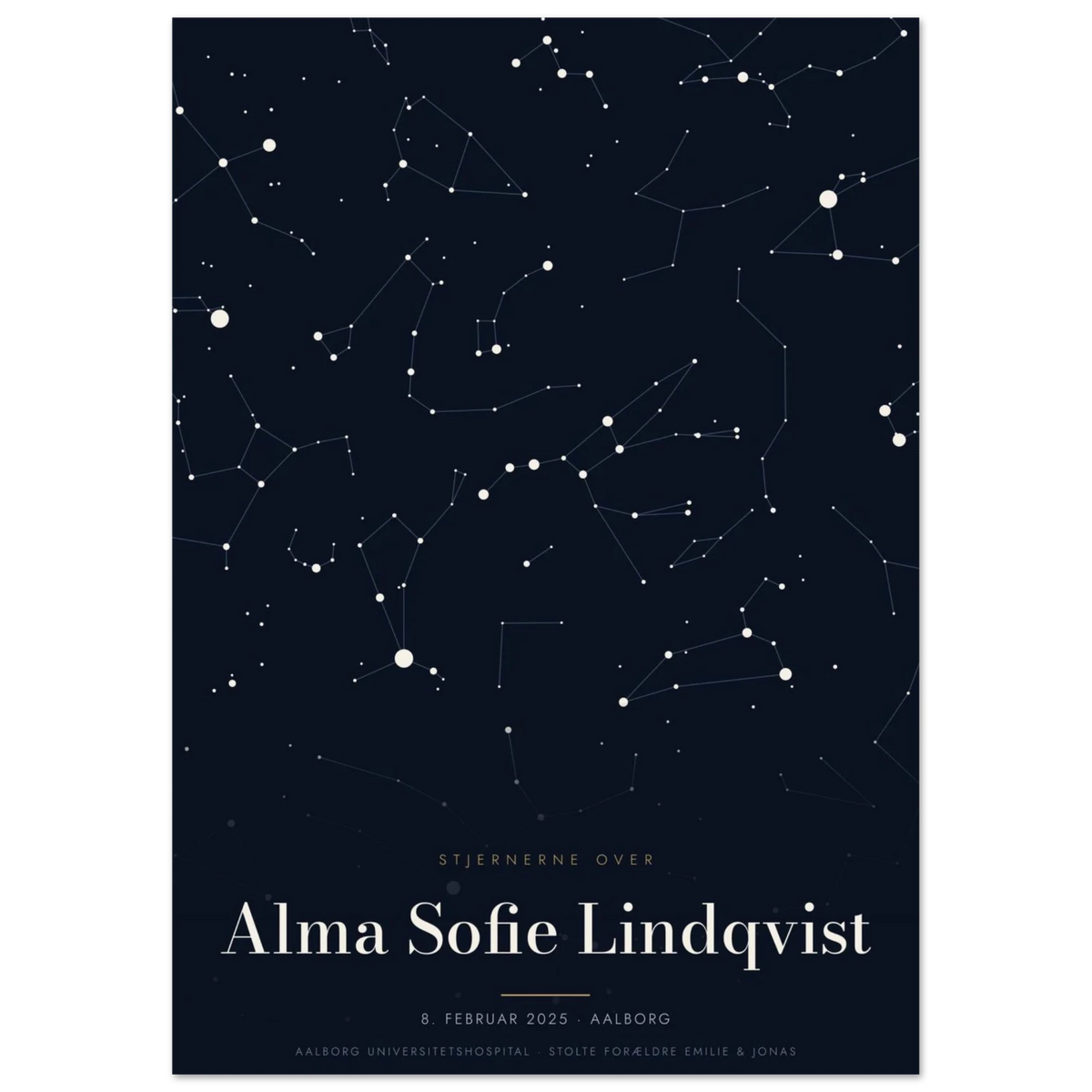 Stjernekort plakat med stjernehimlen over en særlig dato og et navn uden ramme, A4