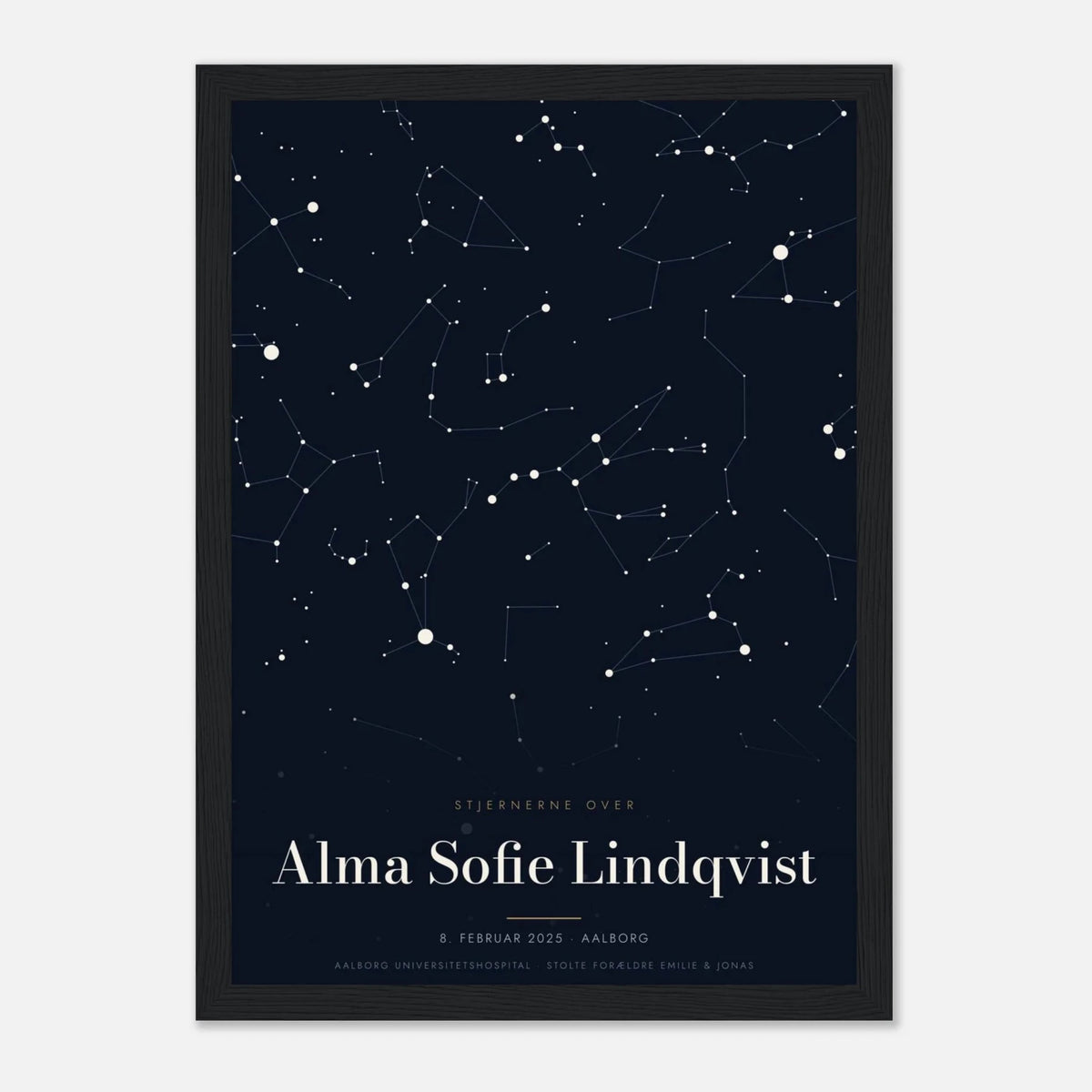 Stjernekort plakat med stjernehimlen over en særlig dato og et navn i sort ramme, A4