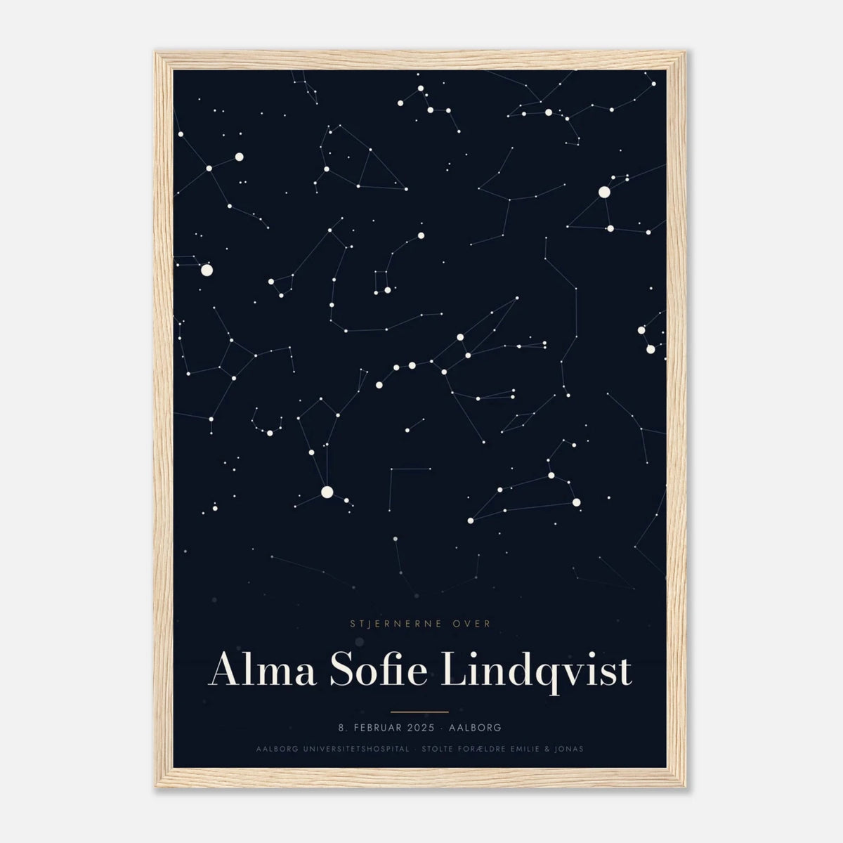 Stjernekort plakat med stjernehimlen over en særlig dato og et navn i træramme, A3
